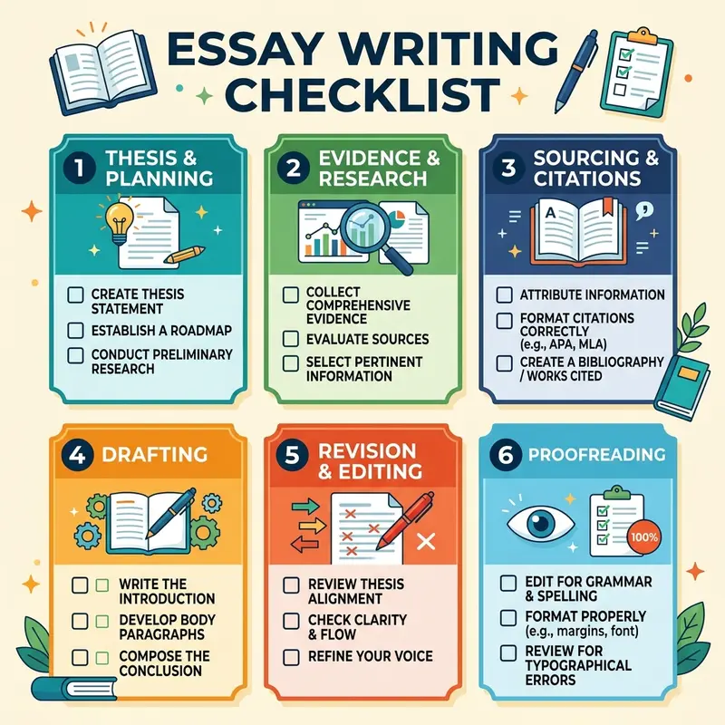 Structured academic writing checklist for essays detailing thesis, evidence, and sourcing