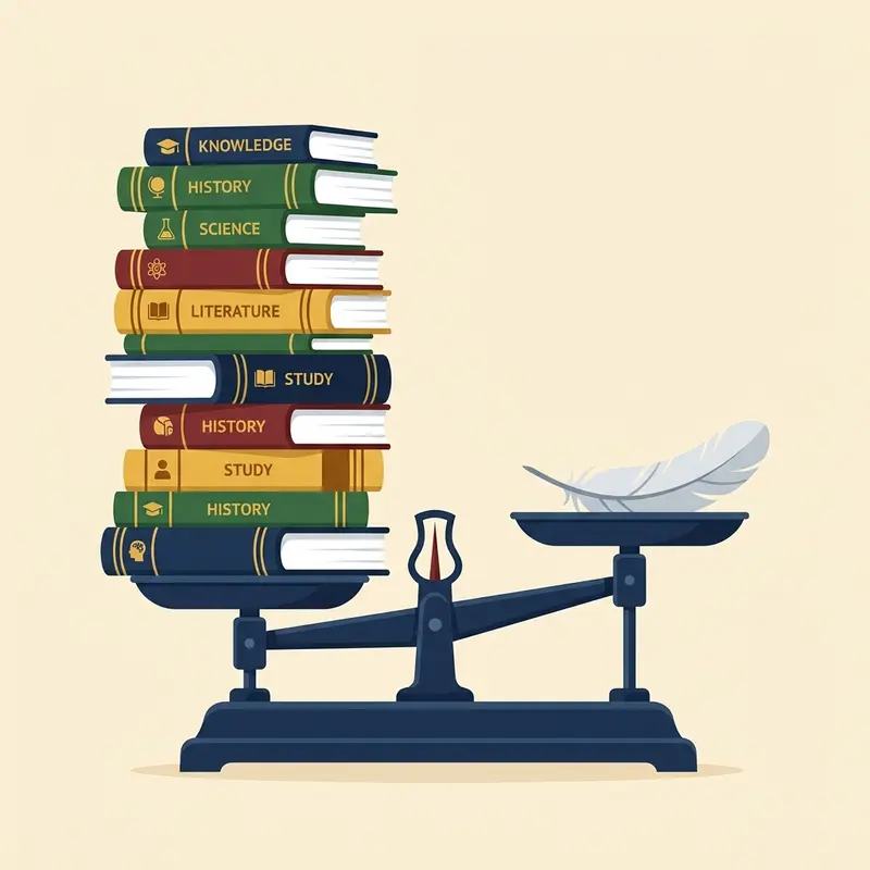 Balance Scale Weighing Heavy Stack of AP Textbooks Against a Feather